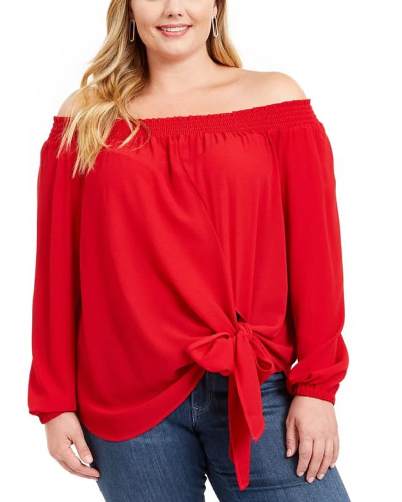 Front of a model wearing a size 3X Michael Kors Women's Plus Smocked Tie Front Blouse Red Size 3X in Red by Michael Kors. | dia_product_style_image_id:311294